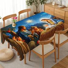Toalha de mesa religiosa com estampa de presépio e céu estrelado, estilo pintura a óleo, para sala de jantar. Leve e lavável, feita de poliéster, ideal para jantares festivos em ambientes internos e externos. - Multicolorido - Ver 13