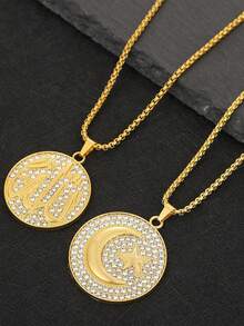 1pc Fashionable Shiny Faith Star & Moon Symbol Round Pendant Necklace, Hip Hop Amulet Jewelry Suitable For Men & Women, Daily & Festival Wear - Multicolor - View 4