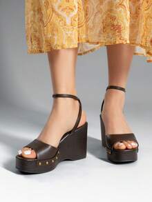 Women's Wedge Sandals 3.94inch Platform Square-Toe Dressy Ankle Buckle Studded Fashion Elegant Sandals Summer Coffee Brown Shoes - 咖啡棕 - 查看 3