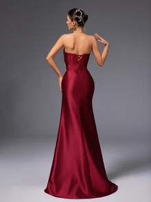 VIPGIRL Latest Design Handmade Two-Piece High Slit Burgundy Luxury Soft Elegant Evening Dress - Burgundy - View 2