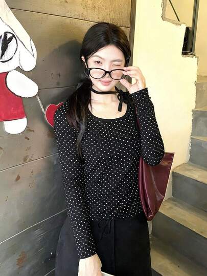 女式系带圆点圆领长袖修身T恤