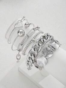 1-6pcs Fashionable Minimalist Elegant Exaggerated Vintage Coin Chain Heart Beaded Bracelet Set, Suitable For Dates, Parties, Balls, Festivals, Valentine's Day, Birthdays, Daily Wear - Silver - View 3