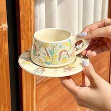 卡通咖啡杯碟图案马克杯，优雅下午茶杯，精美陶瓷杯，送给她的礼物 - 彩色 - 查看 11