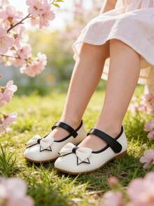 Girls Bow Decor Square Toe Mary Jane Flats, Preppy White Flats - Beige - View 3