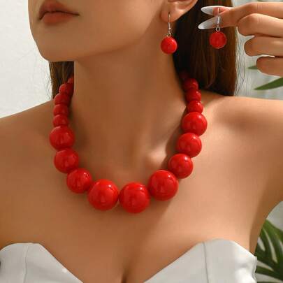 4件套串珠首饰套装，夸张项链耳环手链套装，时尚波西米亚几何串珠新娘首饰套装