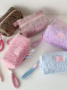 Leopard Print Plush Handbag, Portable Cosmetic Organizer Bag, Travel Large Capacity Clutch, Coin Purse - Multicolor - View 9