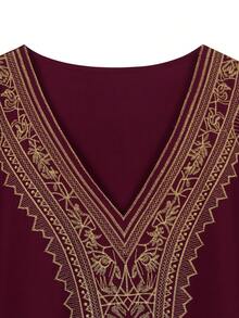 Elegant Embroidered New Year's Kaftan Women's V-Neck Short Batwing Sleeve Loose Comfortable Long Dress 2026 Spring Summer Resort Beachwear Swimsuit Cover Up Robe - Red - View 3