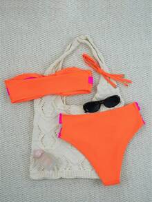 Bộ bikini hai mảnh phối màu tương phản 26SS dành cho nữ, kiểu cổ yếm khoét rỗng, dây đeo có thể tháo rời, màu neon tương phản, bộ bikini mùa hè dành cho nữ, thích hợp cho bãi biển, dã ngoại, tiệc bể bơi, những ngày nắng đẹp. - Màu Hồng Tươi - Xem 7
