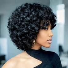 Short Bob Afro Loose Curl Wig With Bangs Human Hair Loose Curly Wave Pixie Cut Wig Bouncy Curls 150% Density Bouncy Curly Egg Wave Spring Curly Put On And Go Wigs For Women None Lace Egg Curl Glueless Wig With Bangs - Black - View 10