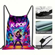 Mattel 1个K-Pop动漫图案印花抽绳背包 - 色彩鲜艳的人物设计，耐用的牛津布面料，带口袋，方便携带，非常适合健身、瑜伽和旅行 - 彩色 - 查看 5