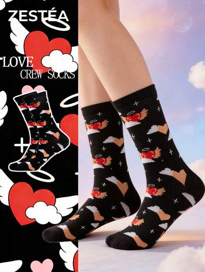 1 Pair Women's Angel-Themed (Angel Wings, Heart, And Cross Pattern) Cartoon Print Contrast Color Sweat-Absorbent Odor-Resistant Soft And Comfortable Novelty Ankle Socks, A Fun Gift For Women/Mothers/Daughters/Grandmothers/Wives/Girlfriends/Fashion Enthusiasts, Suitable For Birthday/Valentine's Day/Christmas/Everyday Wear, A Comfortable Casual Sock For Autumn/Winter Season