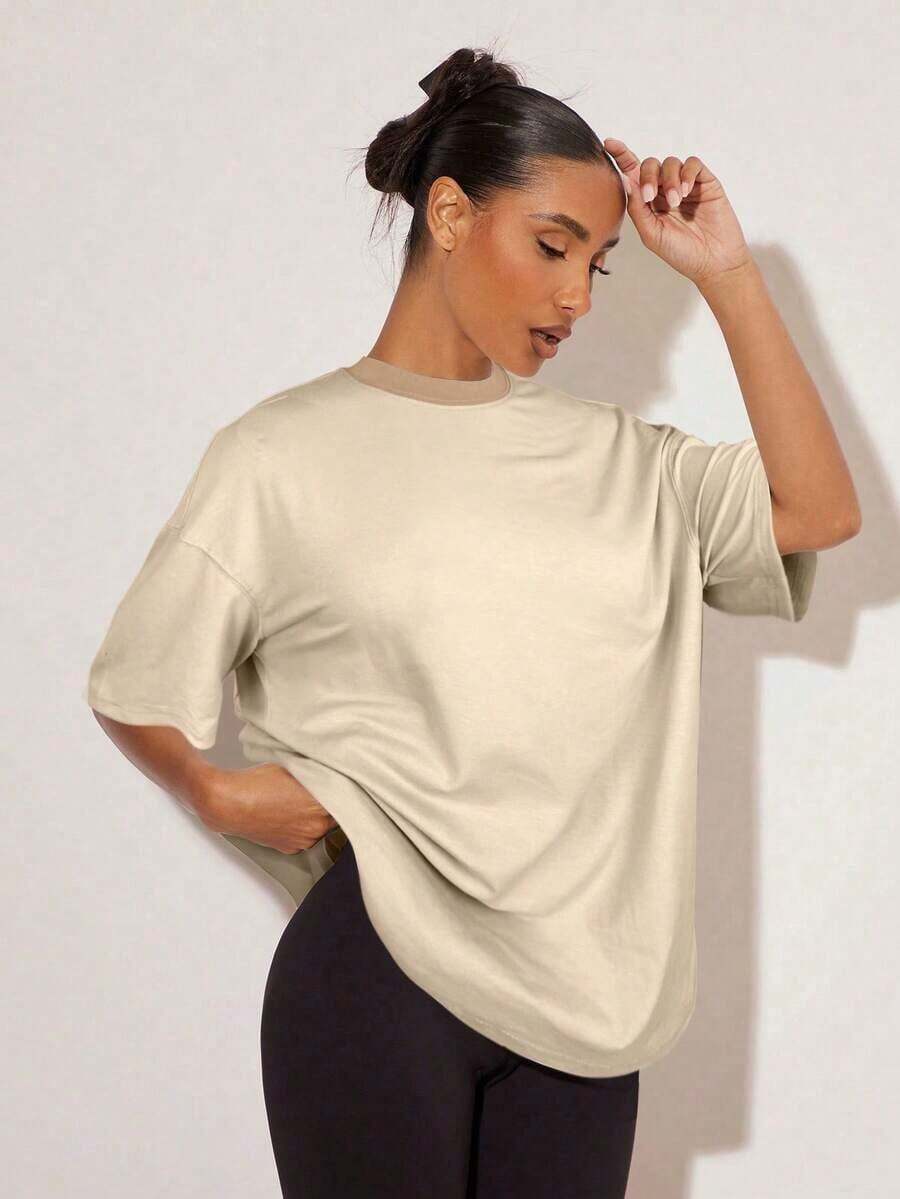 2026 SUMMER TopBASICS Summer Casual Loose Fit Short Sleeve T-Shirt With Mock Neck And Drop ShoulderLoose And Comfortableshirt - 駝色 - 查看 1