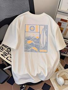 Men's Japanese Style T-Shirt With Ocean Wave Print - 100% Heavyweight Cotton, Crew Neck, Short Sleeve, Casual Top For Summer And Beach - 白色 - 查看 2