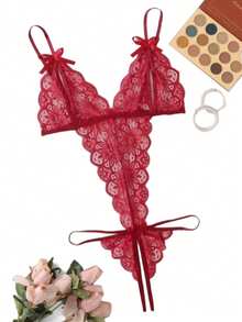 Women's Bodysuit, Bra And Panties With Opening And Sensual Bow. - Rosado Sandía - Ver 4