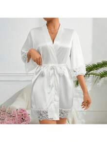 1 bucată halat de baie elegant pentru femei, culoare solidă, cu talie legată, toamnă/iarnă, pijamale sexy scurte din satin de mătase moale, potrivite pentru mirese, domnișoare de onoare, ținute de casă, halat scurt pentru sezonul nunții, imprimeu monogramă, halat de baie și pijamale pentru baie, decor pentru baie - alb - Vizualizare 4
