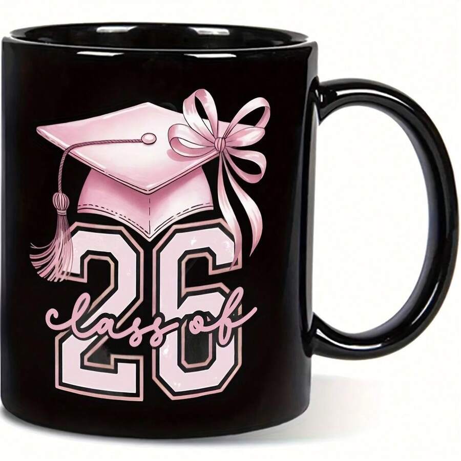 1pc Class Of 26 Graduation Mug - 11oz Large Ceramic Cup With Graduation Cap & 26 Number Design - Milestone Keepsake 26th Graduation Party, Promoting, Academic Achievements - Easy-Clean Cup Alumni, Teachers, Students, Romantic Valentines Day Present F - 黑色4 - 查看 1