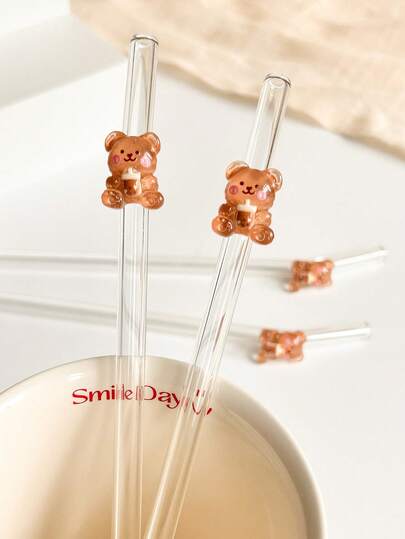 2/5 Piezas Pajitas de vidrio reutilizables con diseño de animales de dibujos animados, incluye relleno de oso. Juego de cubiertos de pajitas de vidrio curvas transparentes para accesorios de cocina, tazas de agua, decoración de tapa de pajita, bebidas frías, leche, té, café, batidos, hogar, restaurantes, fiestas de cócteles, decoraciones de despedida de soltera, regreso a la escuela, regalos divertidos para novias/novios, padres, amigos, suministros festivos, regalos de Pascua, verano.
