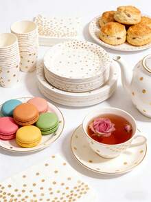 24件套金色圆点一次性派对餐具套装，包括纸盘、纸杯、餐巾纸，适用于生日、婚礼、新娘送礼会等场合，白色和金色加厚派对用品 - 彩色 - 查看 4