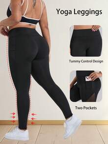 Pantalon de yoga taille haute avec contrôle du ventre pour femmes grandes tailles, leggings ajustés avec poches latérales et design bicolore, convient pour la course, l'entraînement et le port décontracté - Noir - Voir 3