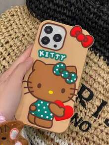 Ốp lưng điện thoại hình mèo KT trái tim ôm bằng silicon 3D màu nâu của Sanrio dành cho iPhone 17/16/14 Pro Max, Apple 13, 12, 11, 14 Pro, 13 Pro, ốp bảo vệ mềm mại sáng tạo, thiết kế mới độc đáo. - màu nâu - Xem 2
