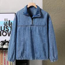 少女休闲时尚雪花水洗半拉链刺绣心形牛仔上衣，适合节日、四季穿着