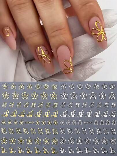 2 piezas Pegatinas de uñas de metal hueco 3D con pétalos de flores, diseño floral de margarita dorada y plateada, flor de cerezo, hibisco para primavera/verano, decoraciones de arte de uñas deslizantes autoadhesivas holográficas Y2K para salón de uñas