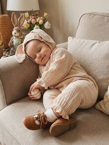 Newborn Baby Boy Girl Easter Bunny Romper Long Sleeve Cotton Linen Jumpsuit With Hood Casual Spring Clothes - 卡其色 - 查看 6