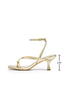 Women Minimalist Low Kitten Heeled Ankle Strap Thong Sandals, Sexy Square Toe Fashion Heeled Sandals - 金色 - 查看 4