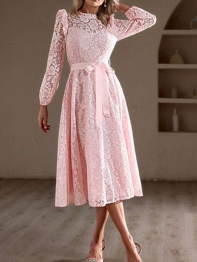 Simplee Damen Frühling Neu Elegantes einfarbiges Kleid mit Spitzenkragen und Langarm, Geburtstagskeid, Date Outfit, Partykleidung