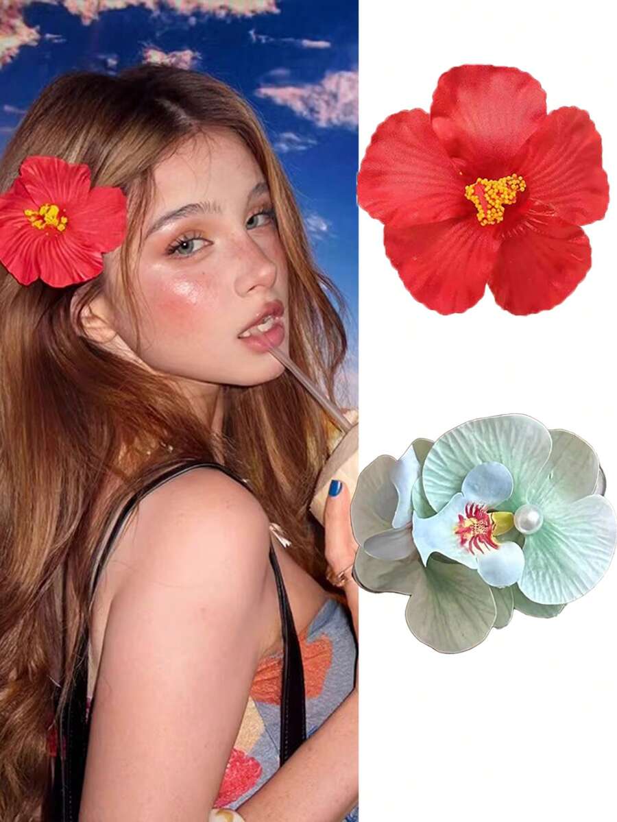 2 piezas/1 pieza Pinzas para el cabello de mujer con flores de hibisco de perlas falsas, elegantes ganchos de unicolor minimalistas, adecuados para uso diario, casual, fiesta, playa, vacaciones, peinado, lavado, maquillaje, accesorios de moda, primavera/verano, pasador de cabello, barrettes - Multicolor - Ver 1