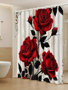 1/4 件套精美玫瑰花浴帘套装，装饰浴室套装，包含印花浴帘、防滑浴垫、马桶盖套、浴室地毯和 12 个塑料挂钩，浴室配件，家居装饰，宿舍装饰，农舍装饰 - 彩色 - 查看 8