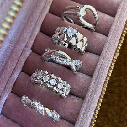 5件套优雅几何不对称交叉心形戒指，镶嵌闪亮立方氧化锆石，适合女性日常、通勤、派对、婚礼等场合佩戴（不含礼盒）