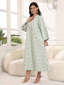 2026新款优雅花卉刺绣阿巴雅长袍，斋月传统阿拉伯女装，宽松立领宽袖 - 綠色 - 查看 8