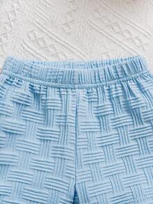 男士夏季新款提花面料 Polo 领刺绣小熊上衣和休闲短裤两件套 - 淺色水洗藍 - 查看 7