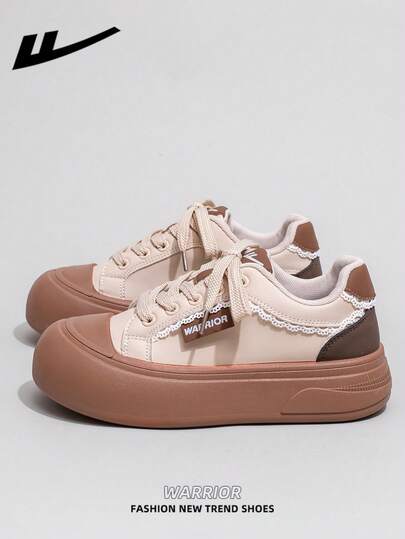  1 Pair WARRIOR Women's Thick Sole Lace-Up Soft Bottom Casual Shoes, Low-Top Outdoor Flat Shoes, Round Toe Low Heel Non-Slip Solid Color Elegant Soft Bottom Hiking Shoes, Suitable For Students, Graduation Photos, Flat Shoes, Low-Top Leather Sports Skateboard Shoes