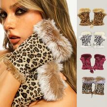 1 Pair Autumn Winter Fleece Lined Fur Half Finger Leopard Print Gloves Suede Faux Rabbit Fur Half Finger Gloves Women Winter Gloves Warm Gloves Outdoor Casual Fashion Personality Versatile Work Fingerless Touchscreen Gloves - 白色 - 查看 6