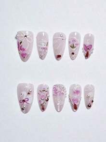 10Pcs Handmade European & American Style Nail Stickers With Heart, Star, Pearl, Bow Decor - Glossy Nude & Black Dual Color, Short Almond Shape, Elegant Design Artificial Nails Suitable For Women & Girls. Includes 1Pc Gel Polish & 1Pc Nail File. Valentine'S Day Press On Nails Nail Supplies Nails(Random Delivery) - 隨機的 - 查看 7