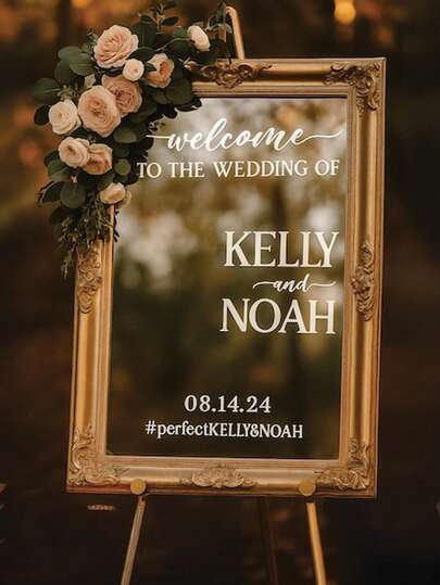 Cartel de bienvenida para boda, calcomanía de espejo de vinilo, decoración personalizada para recepción de boda, cartel de bienvenida para fiesta de compromiso, calcomanía de espejo para decoración de boda