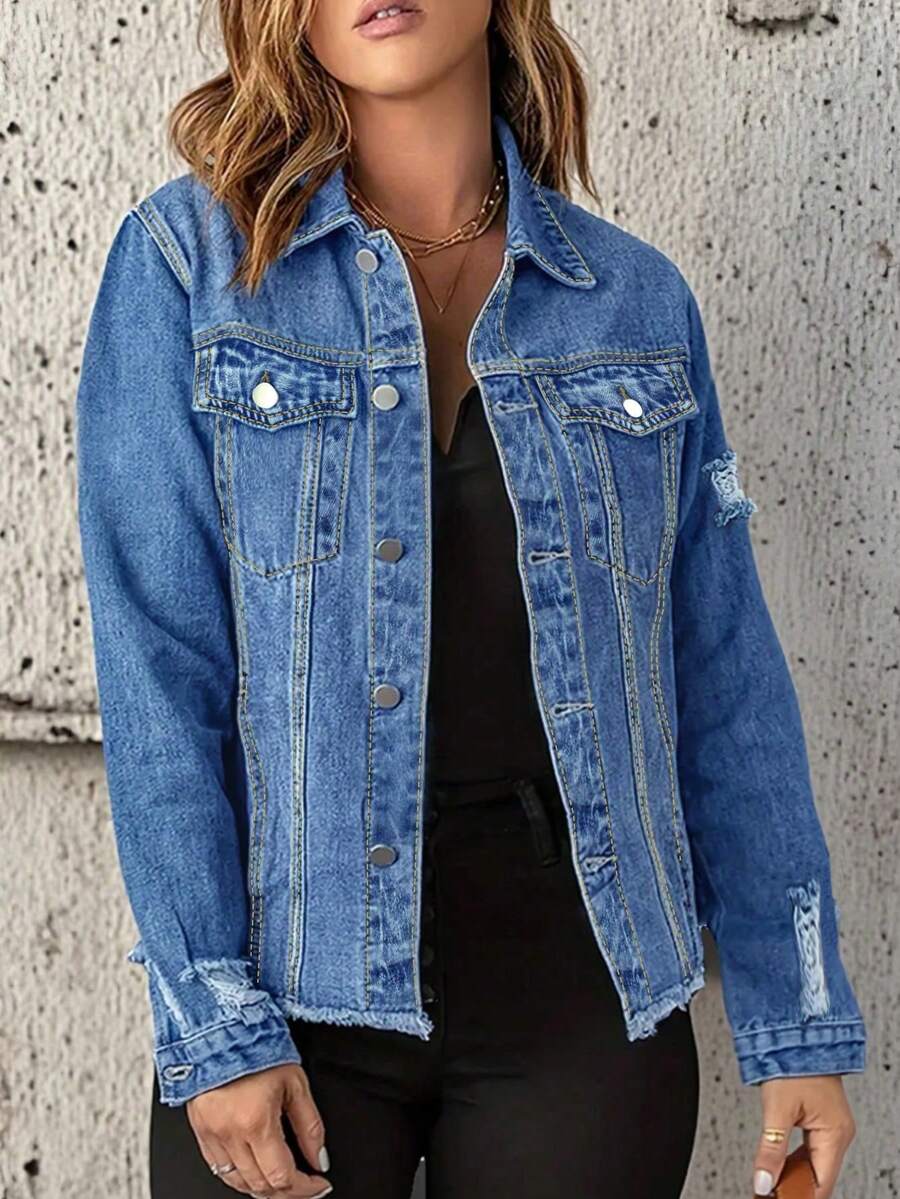 Plus Size Women Distressed Denim Jacket - Button Down Long Sleeve Coat, Frayed Hem, Casual Ripped Style Suitable For All Figures - Medium Wash - View 1