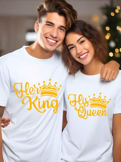 Camisetas a juego para parejas de su reina y su rey - Camiseta negra casual de verano con estampado de corona dorada, regalo perfecto para amantes, camiseta cómoda para uso diario con estampado de corona, ajuste cómodo
