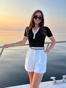 Women's Polo Collar Button Patchwork Hollow Out Fitted Short Sleeve Knit Top, Minimalist Style, Vintage Aesthetic, French Elegance, Lightweight & Cute Summer Fashion Top, Versatile All-Match Piece, High Street Black - Black - View 2