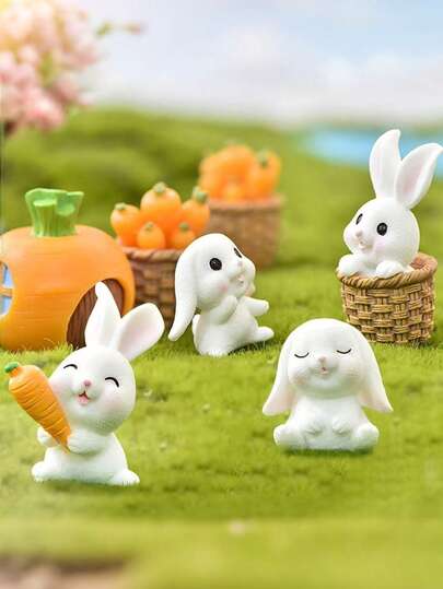 7pcs Mini Rabbit And Carrot Figurines, Easter Bunny Mini Resin Animal Garden Miniature Decor, Suitable For Easter Eggs, DIY Cakes, Home Decor, Landscape Crafts, Rabbit Shaped Decorative Crafts, Easter Decorations
