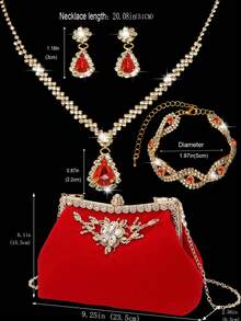 女士钻石首饰 闪耀奢华水钻首饰套装 闪亮项链耳环手链套装 雕花钻石软包 宴会手提包 女士手提包 宴会包 - 紅色 - 查看 9