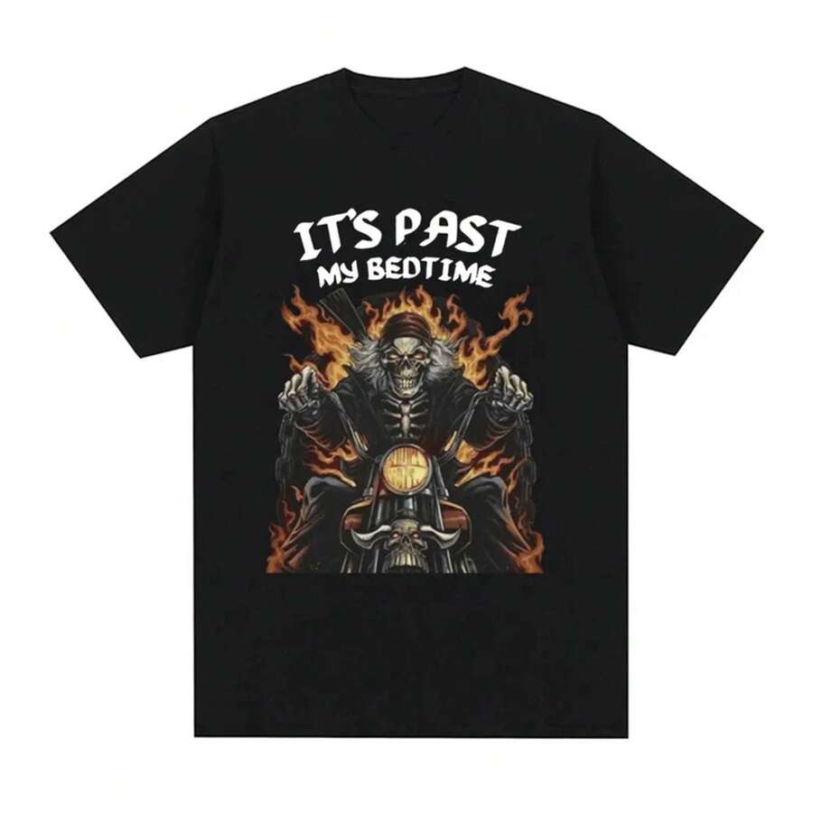 Camiseta divertida "Ya pasó mi hora de dormir" con meme de esqueleto, camiseta de algodón de manga corta para hombres, moda casual vintage, cómoda y de gran tamaño - Negro - Ver 1