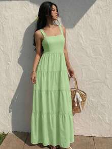 Kliou Fashion Elegant Women's Long Lace Dress With Adjustable Straps And Elastic Waist At The Back, Boho Summer Vacation Style - Màu xanh Bạc hà - Xem 2