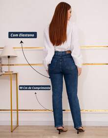 Calça Jeans Feminina Reta Sawary Original Lycra Elastano Cintura Alta Bolsos Funcionais Tradicional Confortável - Azul - Visão 4