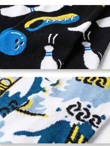 1 Pair Of Unisex Bowling-Themed AB Crew Socks - Asymmetric Design (Bowling Pattern & Graffiti Style), Stylish Black/Yellow/Blue Color Scheme, Fun Novelty Socks For Daily Leisure & Sports Gatherings, Ideal Gift For Bowling Enthusiasts, Year-Round Fashion Socks - Multicolor - View 4