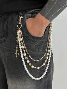 1pc Vintage Pearl & Colorful Crystal Waist Chain, Multi-Layer Metal Waist Belt, Hip Hop Accessory - 01966 - View 16