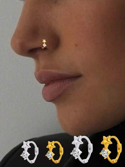 1pc S925 Sterling Silver Zirconia Pentagram Earring/Nose Stud, Elegant & Fashionable Minimalist Earring/Nose Ring For Women