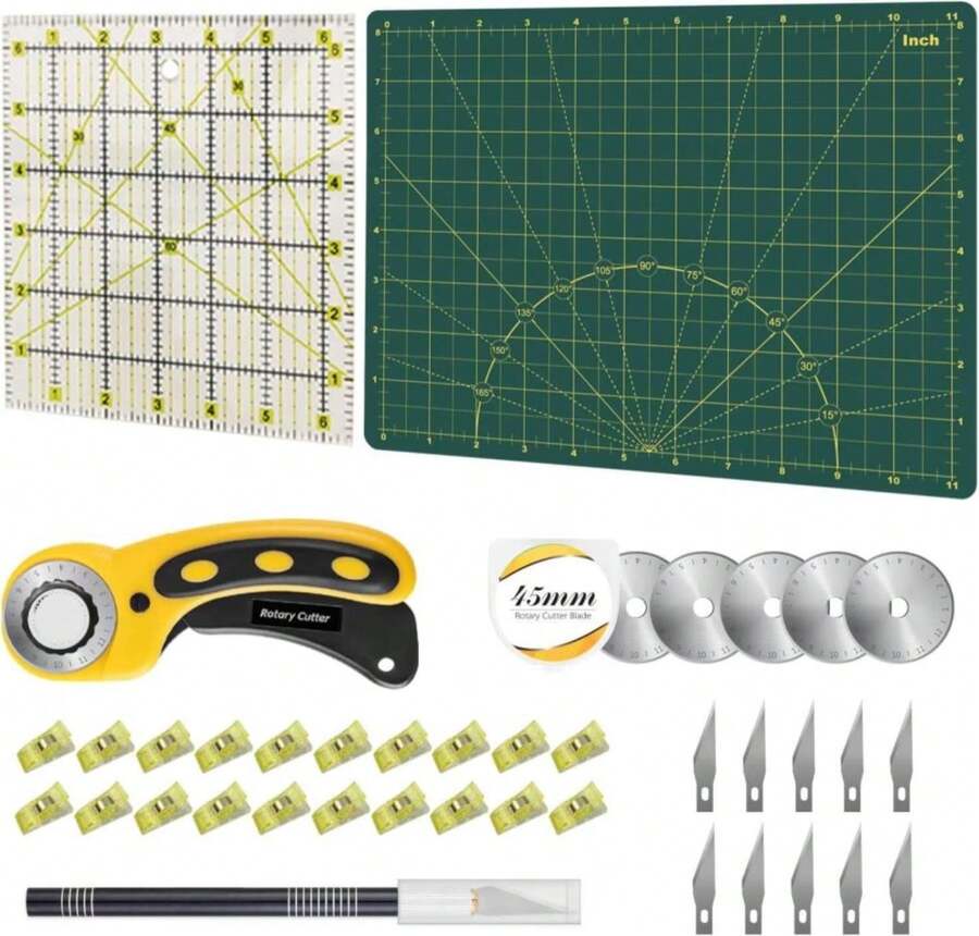 39 Pcs Rotary Cutter Set - Quilting Kit Incl. 45mm Fabric Cutter, 5 Extra Rotary Blades, A4 Cutting Mat, Craft Knife Set, Quilting Ruler And Sewing Clips, Ideal For Crafting, Sewing, Patchworking - Màu B - Xem 1